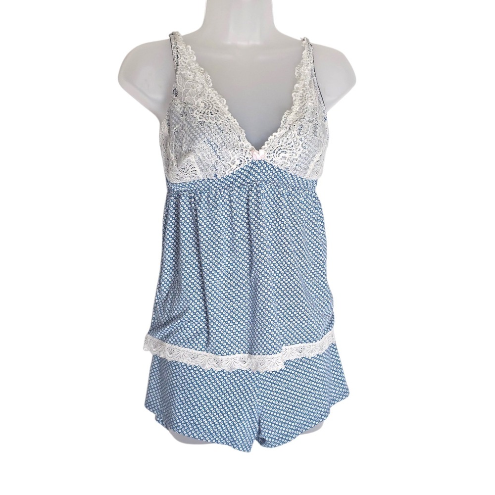 Laua Ashley Blue Floral Lace Trim Cami & Shorts PJ Set Sleepwear Loungewear Sz L